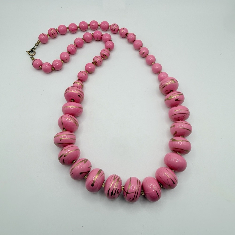 Vintage Pink & Gold Swirl Beaded Necklace Graduated 80's 90's Costume Chunky